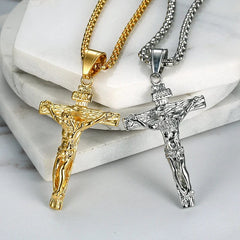  Showlu Fashion Store Religious Jesus Christ Cross Pendant Necklace for Women/Men Gold Color Stainless Steel Crucifix Necklaces Male Christian Jewelry