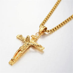  Showlu Fashion Store Religious Jesus Christ Cross Pendant Necklace for Women/Men Gold Color Stainless Steel Crucifix Necklaces Male Christian Jewelry