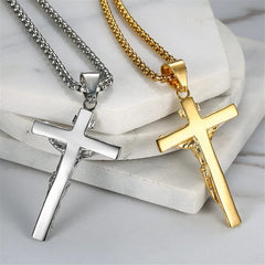  Showlu Fashion Store Religious Jesus Christ Cross Pendant Necklace for Women/Men Gold Color Stainless Steel Crucifix Necklaces Male Christian Jewelry