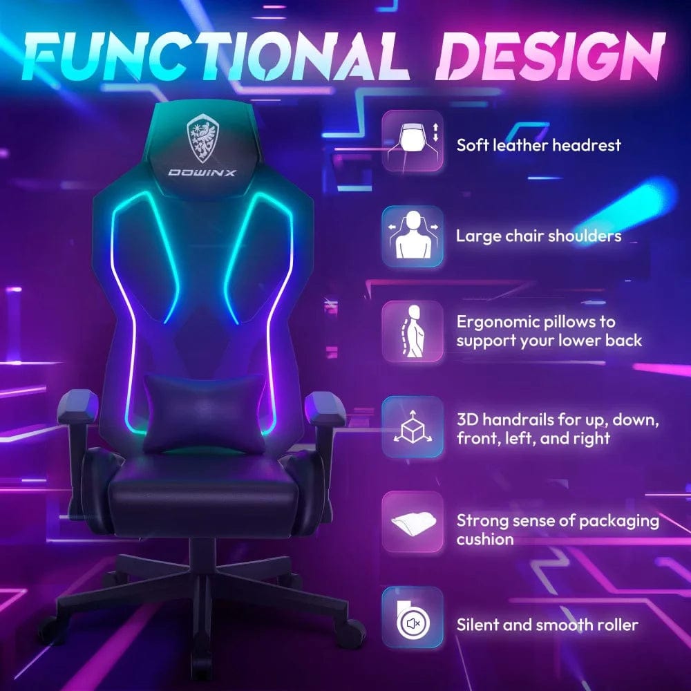 SHOWLU FASHION STORE RGB Gaming Chair with LED Lights, Ergonomic Computer Chair for Adults, Reclining Chair, Video Game Chair with Adjustable Lumbar