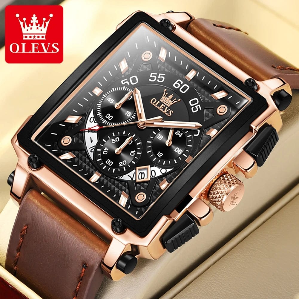 SHOWLU FASHION STORE rose black / CHINA OLEVS Original Business Men's Watches Leather Strap Multifunctional Quartz Watch Rectangular Dial Brand Trend Male Wristwatch