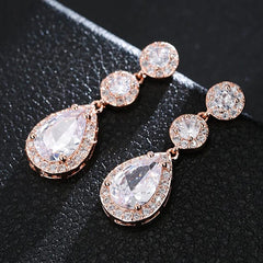  Showlu Fashion Store Rose Gold Luxury Zircon Wedding Long Dangle Earrings with Round Water Drop Elegant CZ Earrings for Women Bridal Wedding Jewelry Dress