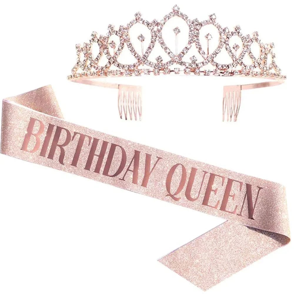  Showlu Fashion Store Rose Gold Queen Bling Rhinestone Crystal Crown Birthday Anniversary Decoration Happy 18 21 30 40 50th  Satin Sash Party Supplies