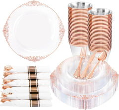 Showlu Fashion Store Rose Gold / United States 175PCS Plastic Plates - Disposable Party Plates & Pre Rolled Napkins with Cutlery for 25 Guests, Plates, Silverware, Cups,Napkin