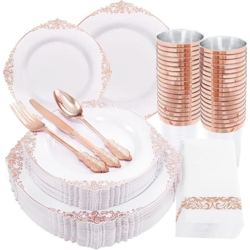 Showlu Fashion Store Rose Gold / United States 175PCS Solid Gold Plastic Plates with Gold Rim，Disposable Silverware Include25 Dinner Plates,25 Dessert Plates, 25 Forks