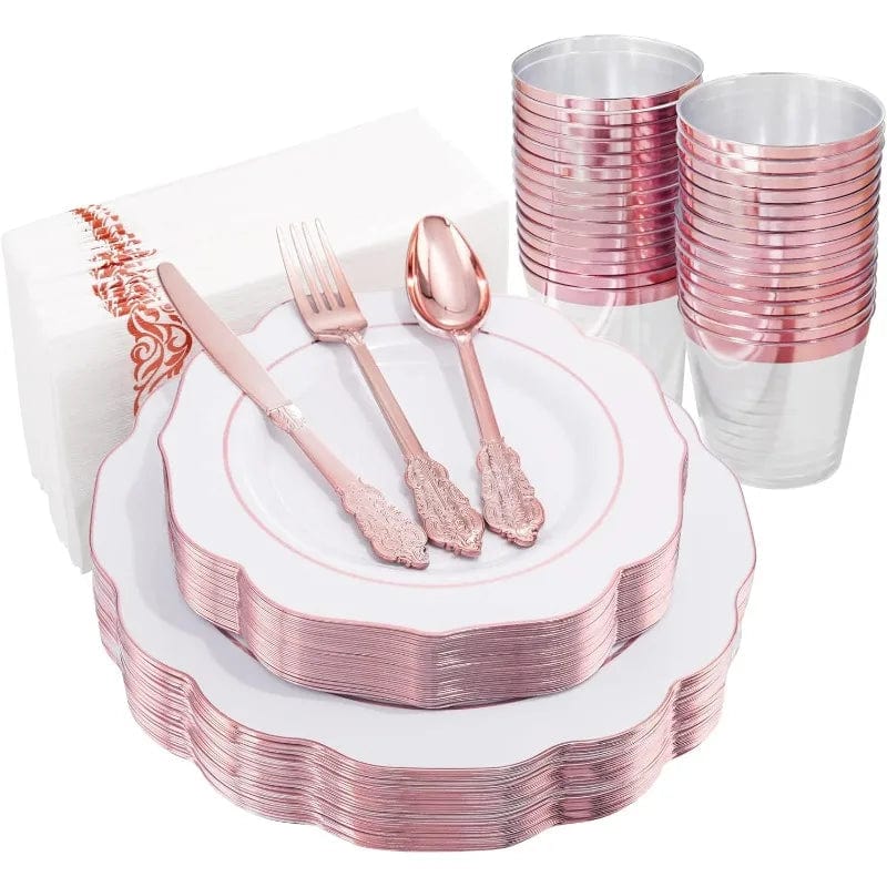 Showlu Fashion Store Rose Gold / United States 350PCS Pink and Gold Plastic Plates - Pink Disposable Plastic Dinnerware Set for 50 Guests Include 50 Dinner Plates