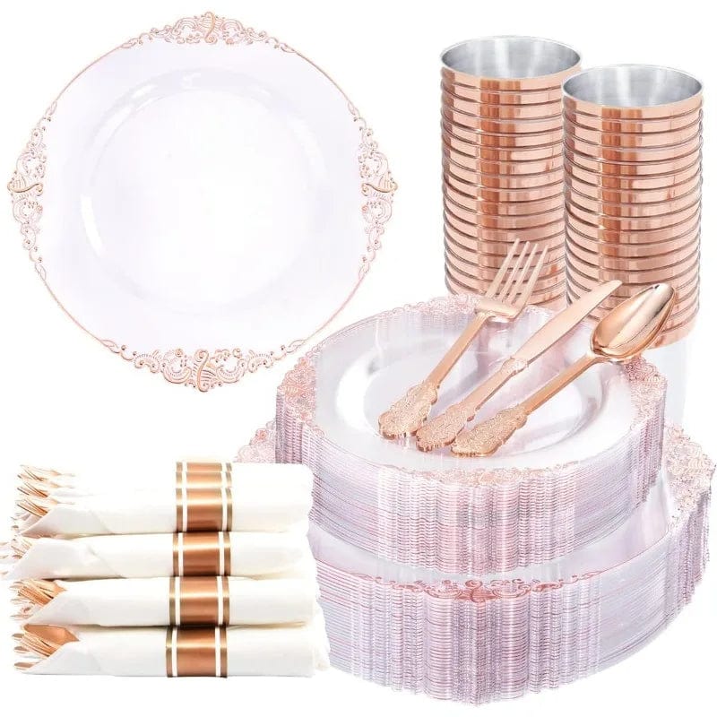 Showlu Fashion Store Rose Gold / United States 350PCS White and Gold Plastic Plates - Gold Plastic Dinnerware Set with Pre Rolled Napkins