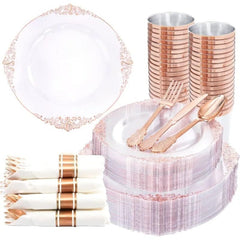 Showlu Fashion Store Rose Gold / United States 350PCS White and Gold Plastic Plates - Gold Plastic Dinnerware Set with Pre Rolled Napkins