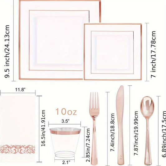 Showlu Fashion Store Rose Golden 50Guest Rose Gold Plastic Plates with Disposable Plastic Silverware& Rose Gold Cups&Rose Gold Plastic Bowls&Hand Napkins-Plastic Dinnerware for Wedding&Parties