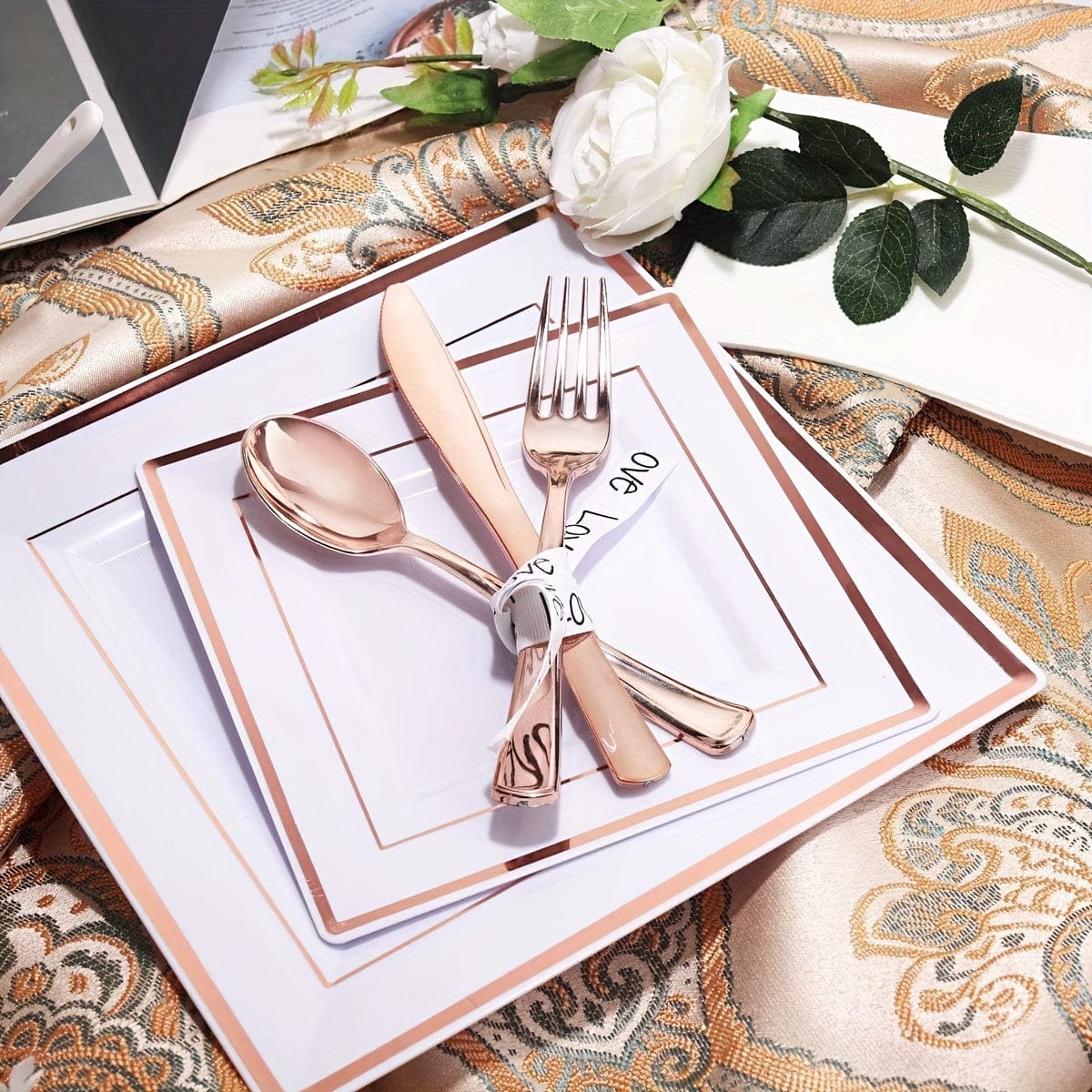 Showlu Fashion Store Rose Golden 50Guest Rose Gold Plastic Plates with Disposable Plastic Silverware& Rose Gold Cups&Rose Gold Plastic Bowls&Hand Napkins-Plastic Dinnerware for Wedding&Parties