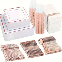 Showlu Fashion Store Rose Golden 50Guest Rose Gold Plastic Plates with Disposable Plastic Silverware& Rose Gold Cups&Rose Gold Plastic Bowls&Hand Napkins-Plastic Dinnerware for Wedding&Parties