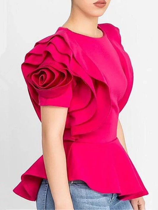 SHOWLU FASHION STORE Rose Red / XL Layers Petal Sleeves Women Blouse Tops Shirt Elegant Fashion Spring Summer Rose Red Blue Black White Bluas Ruffles Classy Lady