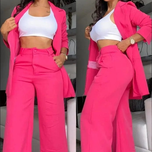 SHOWLU FASHION STORE Rose Red / XXXL Two Piece Set Women Outfit Autumn Fashion  Collar Long Sleeve Blazer Coat & Elegant Pocket Design Work Pants Set