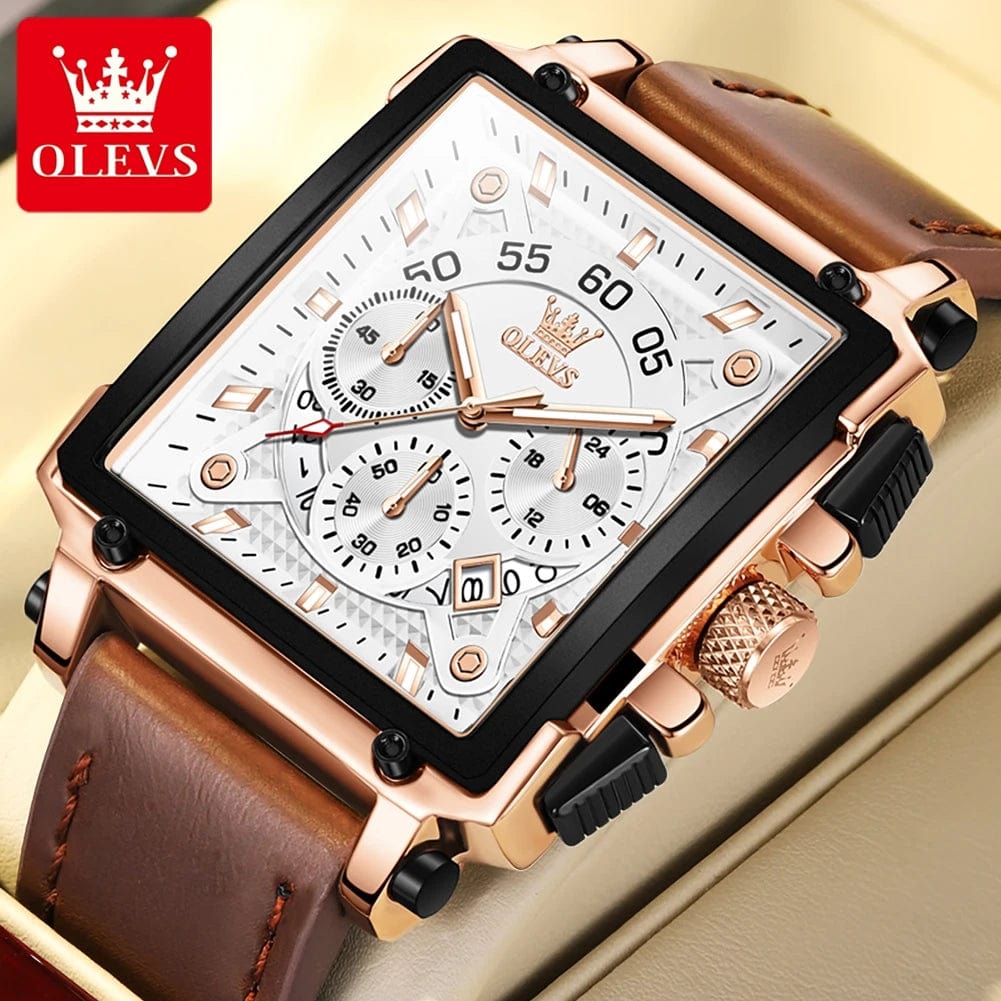 SHOWLU FASHION STORE rose white / CHINA OLEVS Original Business Men's Watches Leather Strap Multifunctional Quartz Watch Rectangular Dial Brand Trend Male Wristwatch