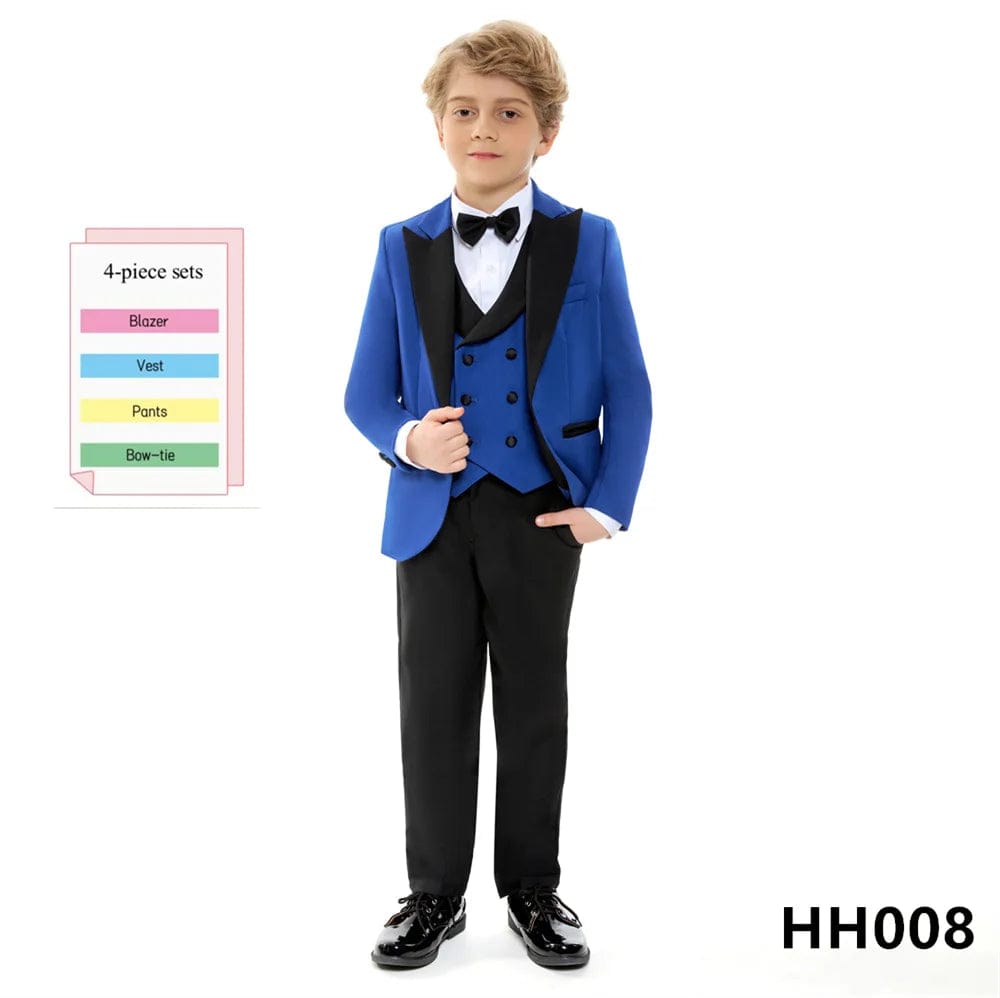 Showlu Fashion Store Royal Blue / 3T Classic Royal Blue Prom Suit for Boys 4 Piece Jacket Vest Pants Set Children Gift Peaked Lapel Blazer Kids Outfit Costume Suit