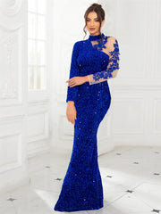 SHOWLU FASHION STORE Royal Blue Full Sleeved Lace Floral Sequined Velvet Evening Dress High Neck Hollow Out Long Prom Gown