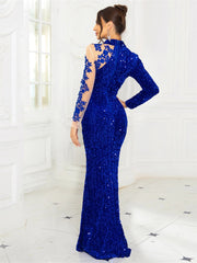 SHOWLU FASHION STORE Royal Blue Full Sleeved Lace Floral Sequined Velvet Evening Dress High Neck Hollow Out Long Prom Gown