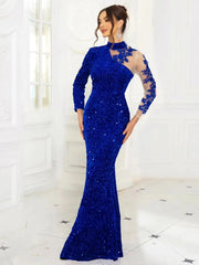 SHOWLU FASHION STORE Royal Blue Full Sleeved Lace Floral Sequined Velvet Evening Dress High Neck Hollow Out Long Prom Gown