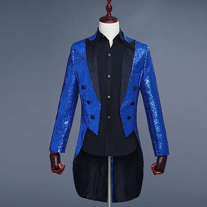 SHOWLU FASHION STORE ROYAL BLUE / M / CHINA Shiny Red Sequin Glitter Embellished Tuxedo Blazer Men  Party Wedding Tailcoat Suits Mens Stage Singer Costume Homme