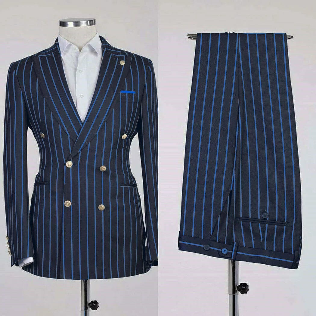 SHOWLU FASHION STORE royal blue stripe / Custom Size / CHINA Men's Suits Stripe Business Blazer Sets 2 Pcs Male Coat with Pants Double Breasted Jacket British Style Pantsuits Customize