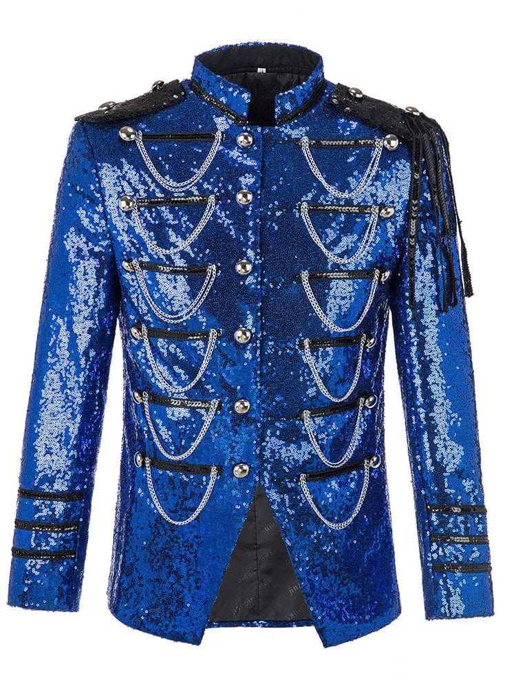 SHOWLU FASHION STORE ROYAL BLUE / XS Men Red Sequin Blazer Jacket Stage Costume MJ Uniform Bleazers Para Hombre with Chains