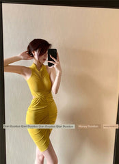  Showlu Fashion Store Ruched Pure Want to Close Waist and Show Figure Sleeveless Dress