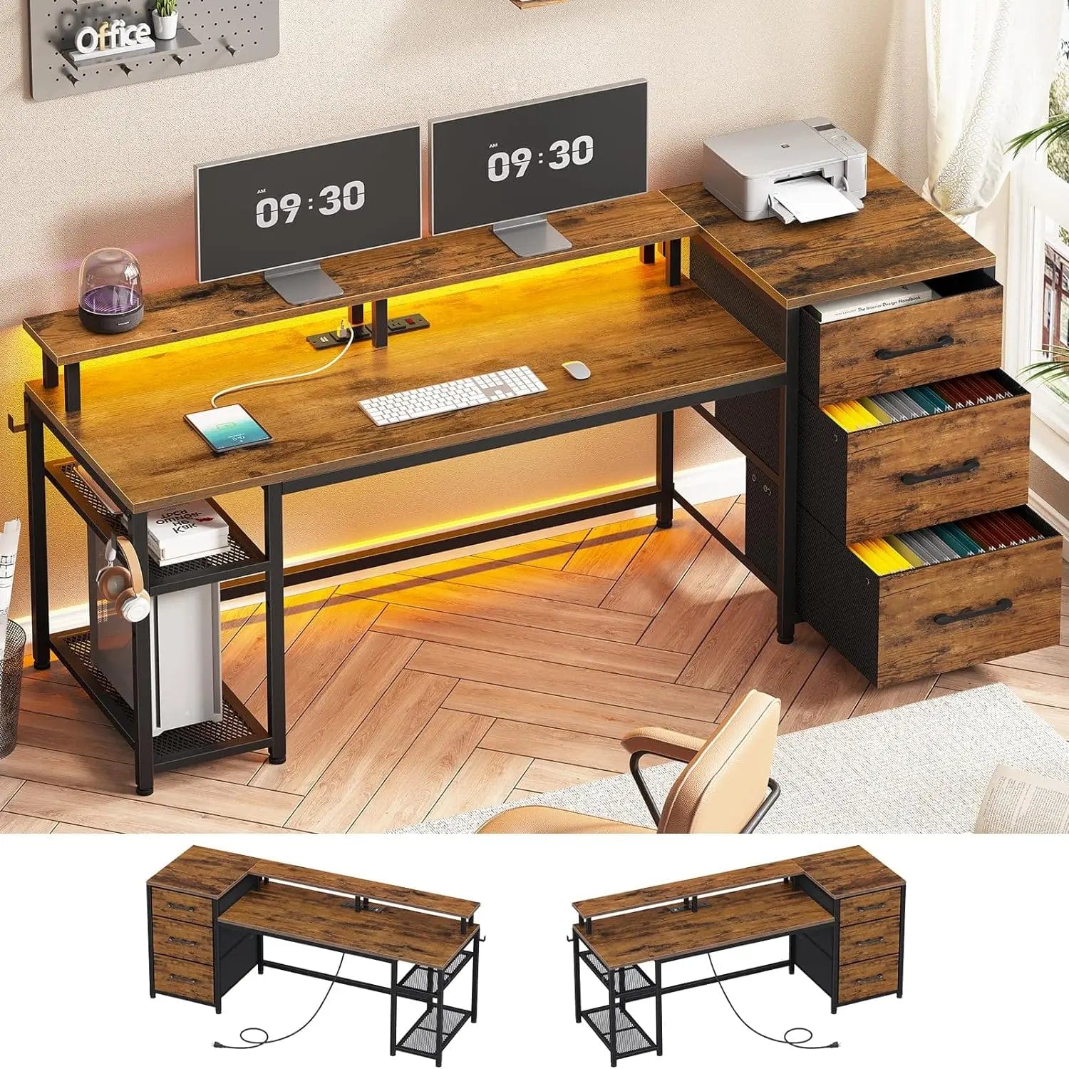 SHOWLU FASHION STORE Rustic Brown / United States 59" Office Desk with Drawers, Reversible Computer Desk with File Drawers & Storage, Gaming Desk with LED Lights