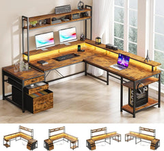 SHOWLU FASHION STORE Rustic Brown / United States Gaming Desk, 66-inch, with Drawers, LED Lights with Power Outlet, with Monitor Stand and Shelf, Gaming Computer Desk