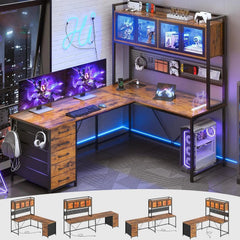 SHOWLU FASHION STORE Rustic Brown / United States SEDETA L Shaped Gaming Desk with Drawers, L Shaped Computer Desk with Hutch and Storage Shelves, Gaming Desk with Pegboard,