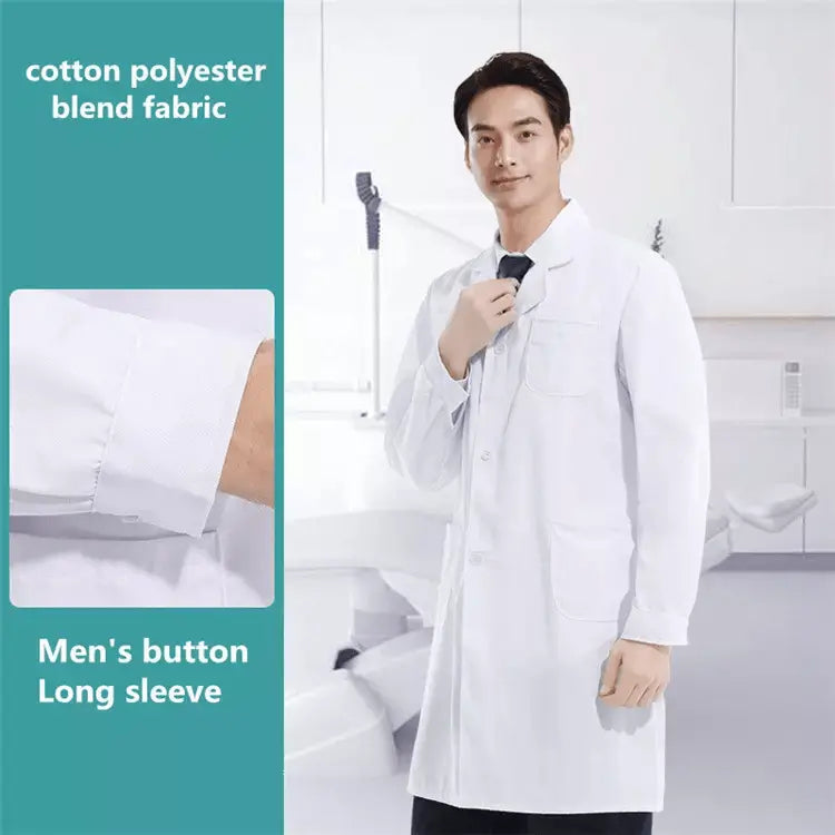 Unisex Showlu Medical Lab Coat with customizable logo, worn by a doctor or nurse in hospital setting, professional scrubs uniform.