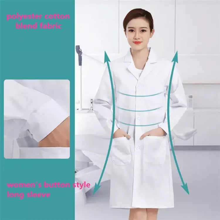 Showlu Unisex medical lab coat with custom logo, worn by a doctor or nurse, featuring a professional hospital or clinic setting.