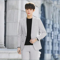  Showlu Fashion Store S-4XL Men's Business Casual Suit Korean Style Trendy Slim Fit 2 Piece Set Solid Color Blazer Pants Groom Wedding Dress Party