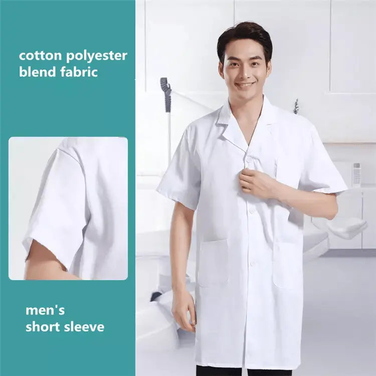 Unisex Showlu medical lab coat with custom logo, worn by a healthcare professional in a hospital setting, featuring front pockets.