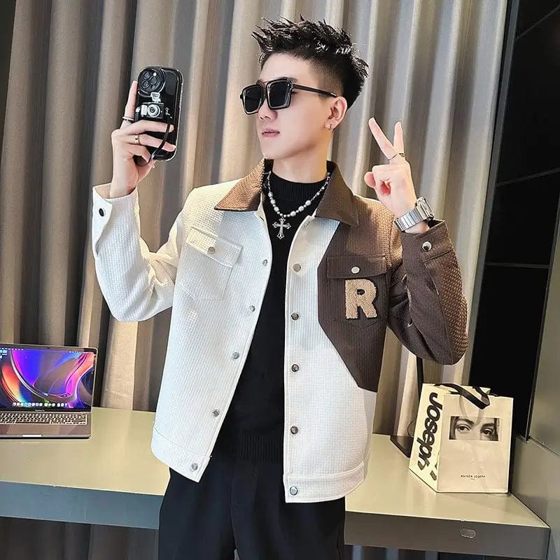 SHOWLU FASHION STORE S / 8009 white Cowboy Patchwork Jacket Men's Trendy Brand Spring and Autumn New Casual Jacket Men's Lapel Autumn Outfit Light Mature Style Top