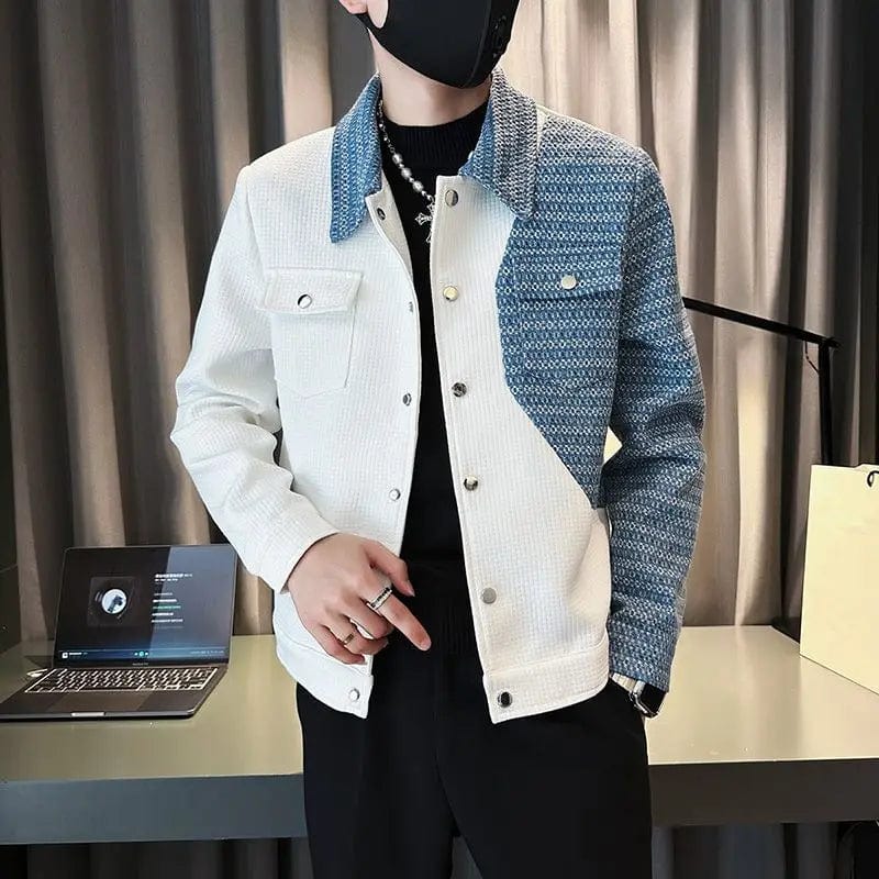 SHOWLU FASHION STORE S / 8013 White Cowboy Patchwork Jacket Men's Trendy Brand Spring and Autumn New Casual Jacket Men's Lapel Autumn Outfit Light Mature Style Top