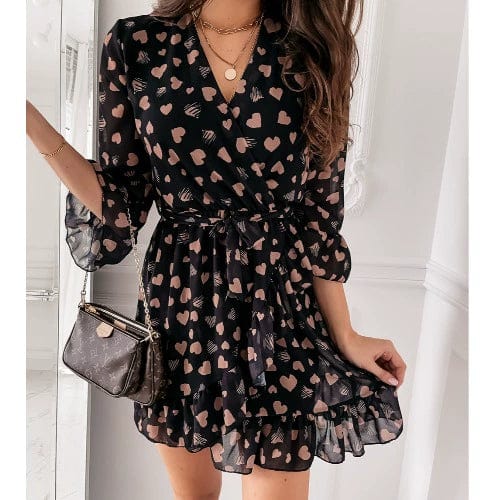 Showlu Fashion Store S / Apricot love Chic Heart Print V-neck Dress