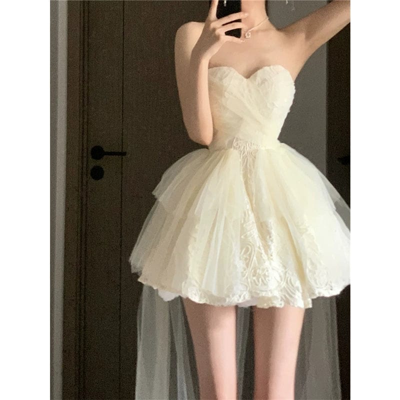  Showlu Fashion Store S / Apricot White Princess Escape Registration Birthday Party Evening Dress Fairy Dream Mori Style Tube Top Tulle Tutu Dress Summer