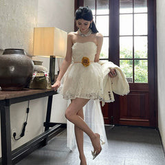  Showlu Fashion Store S / Beige(Without kidney flower) Elegant Birthday Party Mesh Bubble Skirt Light Dress