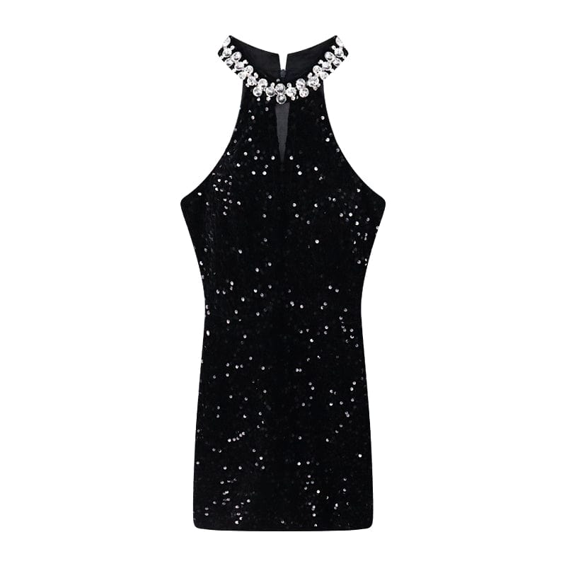  Showlu Fashion Store S / Black Exquisite Rhinestone Socialite Glitter A- line Skirt Halterneck