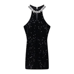  Showlu Fashion Store S / Black Exquisite Rhinestone Socialite Glitter A- line Skirt Halterneck