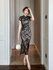  Showlu Fashion Store S / Black New Chinese Style Improved Cheongsam Elegant Retro Black Lace Sexy Frog Button Stand Collar High-End Temperament Women's Summer Dress