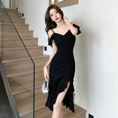  Showlu Fashion Store S / Black Off-the-Shoulder Fashion Sexy Wavy Side Slit V-neck Strap