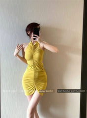  Showlu Fashion Store S / Ginger yellow Ruched Pure Want to Close Waist and Show Figure Sleeveless Dress