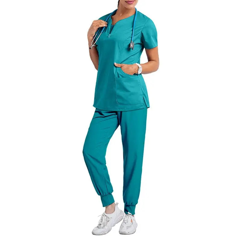 Turquoise MC Women's Medical Scrub Set with short sleeves, hospital nurse uniform for women, includes top and pants.
