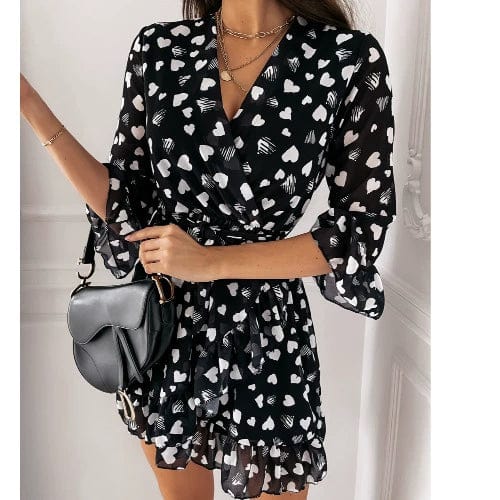 Showlu Fashion Store S / White Love Chic Heart Print V-neck Dress