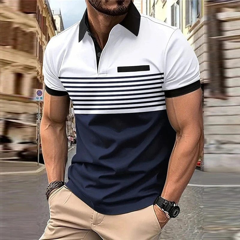 Showlu Fashion Store S01-ST07051 / 5XL Business Men's Polo T Shirt Summer Short Sleeve Clothing Fashion Stripe Print Street Casual Buttons Tops Oversized Pullover