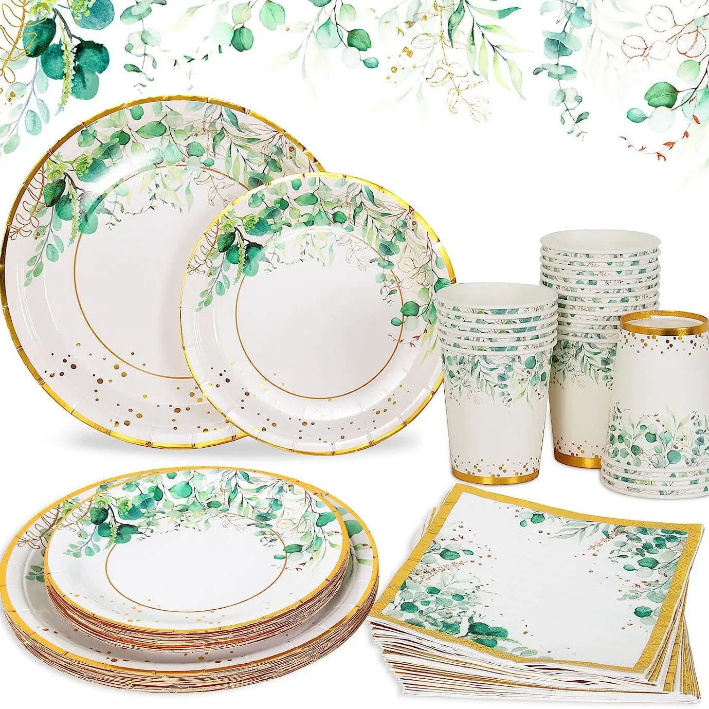 Sage green and gold disposable tableware set including paper plates, cups, and napkins, ideal for wedding and party decor.