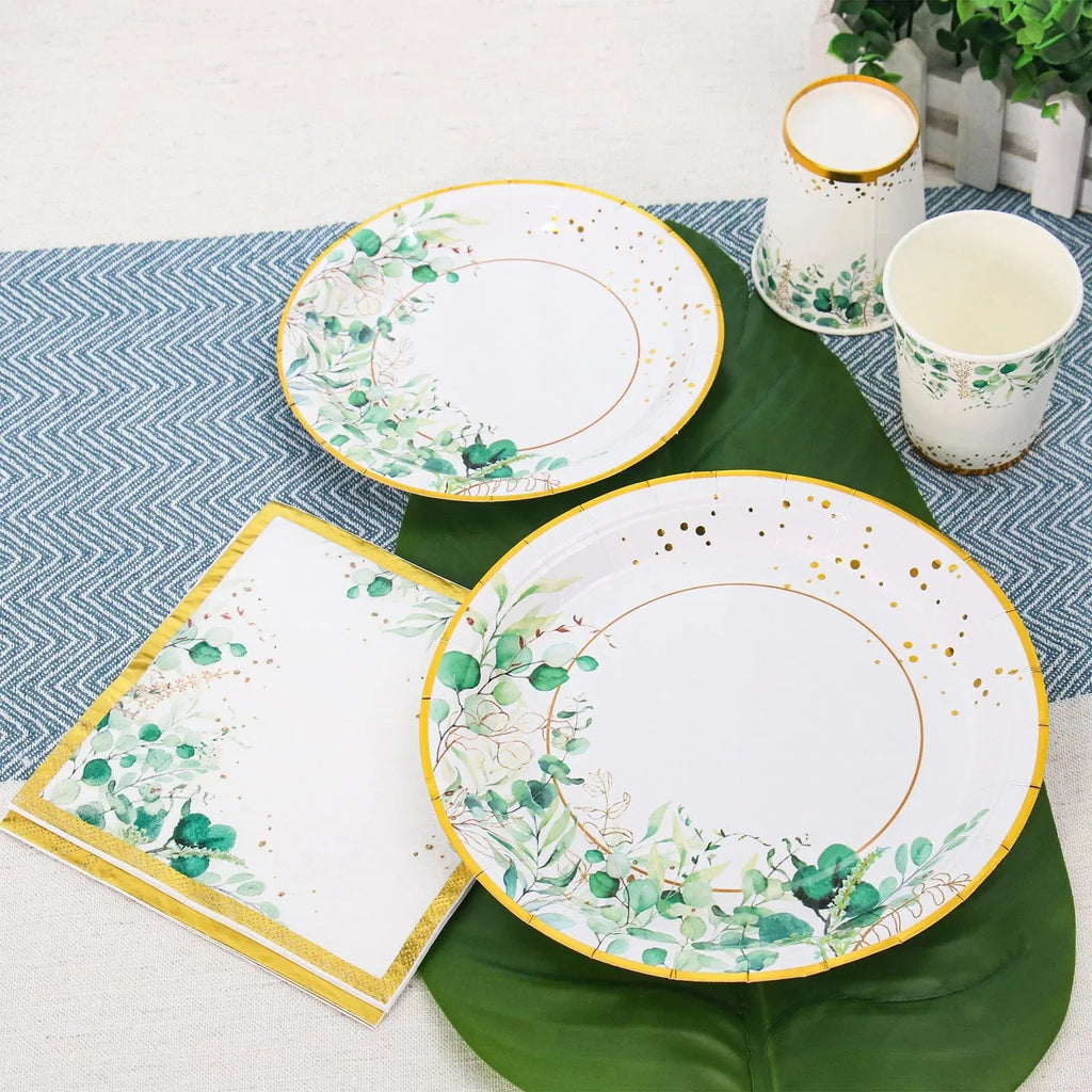 Sage green and gold disposable tableware set with paper plates, cups, and napkins for wedding or party decor by Showlu Fashion Store