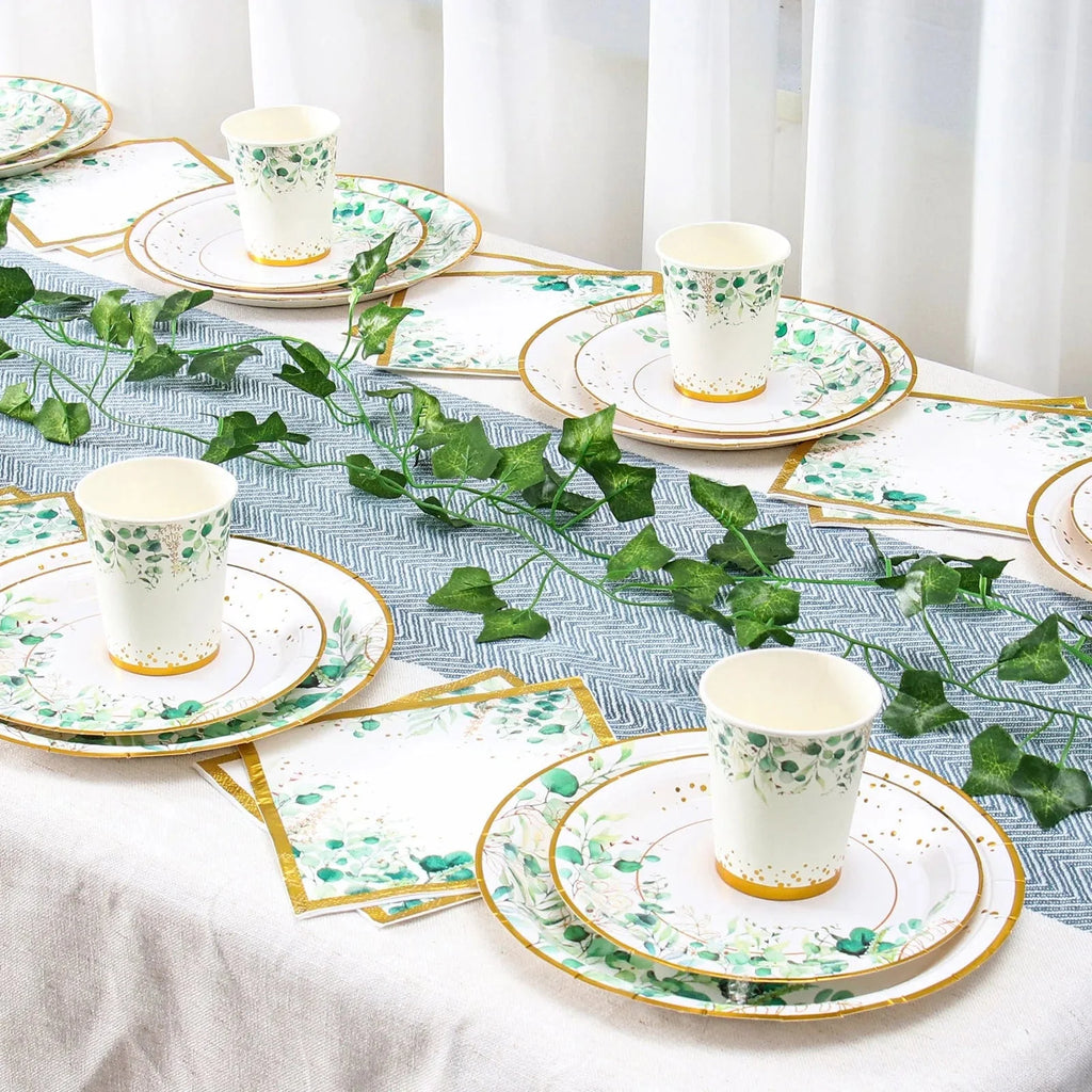 Sage green and gold disposable tableware set with paper plates, cups, and napkins, perfect for wedding or Hawaiian party decor