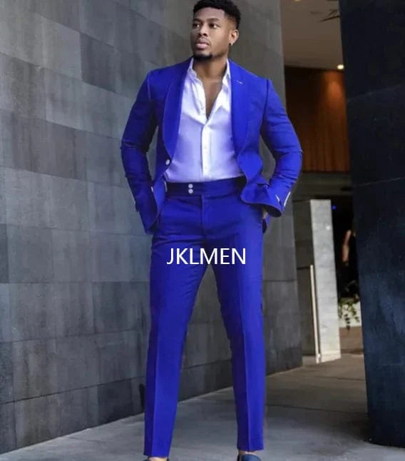 Royal blue slim fit men's suit by SHOWLU FASHION STORE, featuring a cotton blend tuxedo with blazer and matching pants.